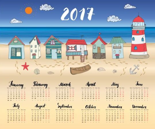 Kalender 2017 mit Strandhaus-Vektor 02  
