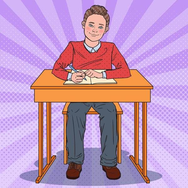 Cartoon boy with school desk vector 04  