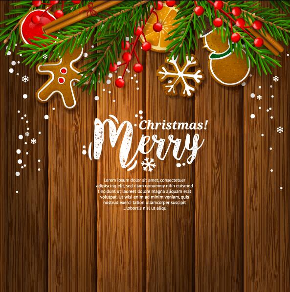 Christmas vintage card with wooden background vector 03  