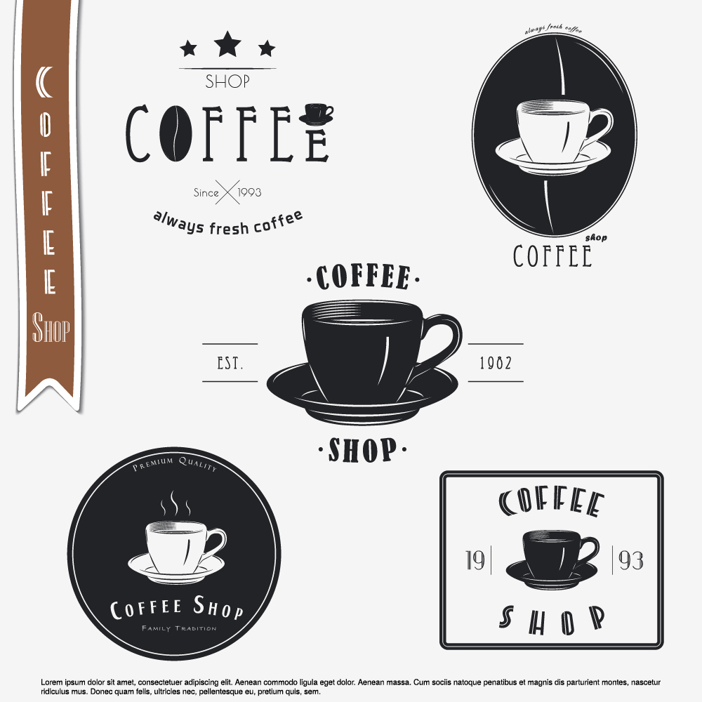 Coffee black logos with labels vector set 02  