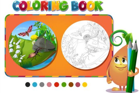 Coloring book insects with nature vector 02  