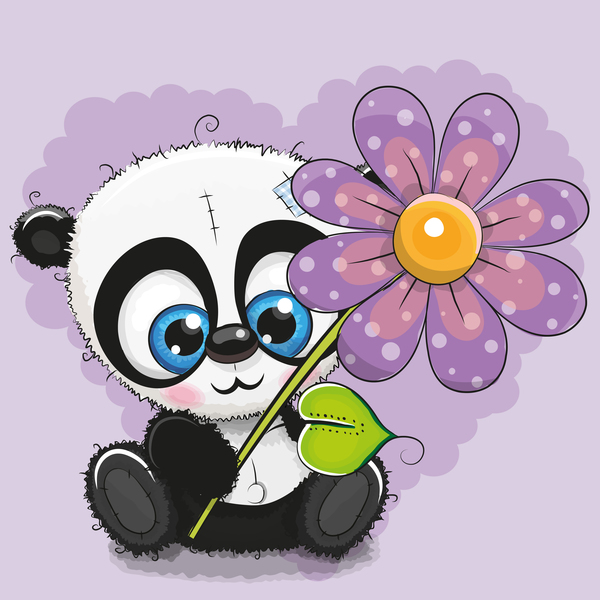 Panda mignon avec vecteur de dessin animé de fleurs 01  