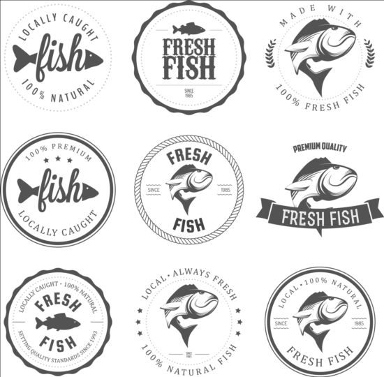 Färsk fisk vintage etiketter vektor 01  