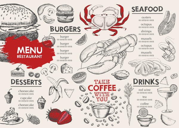 Hand drawn seafood menu template vector 02  