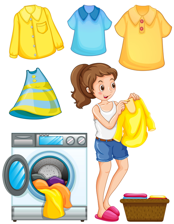 Femme au foyer, lavage de vêtements vecteur matériel  