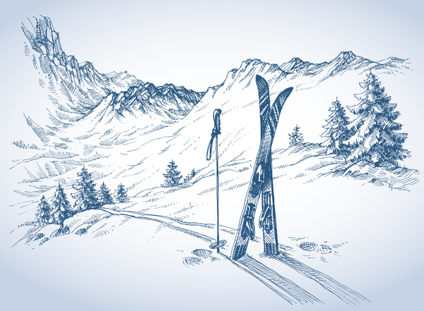 Berg landskap med skida skiss vektor 01  