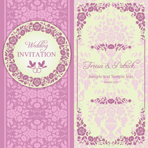 Ornate pink floral wedding invitations vector 02  