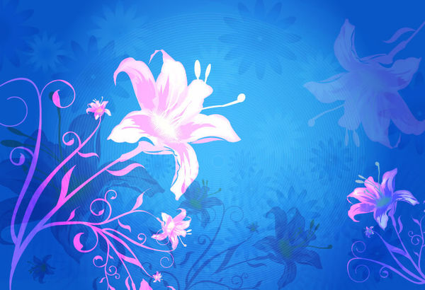 青い夢の背景ベクトルとピンクの花  