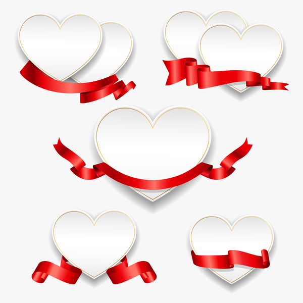 Red ribbon with heart cards vector set 06  