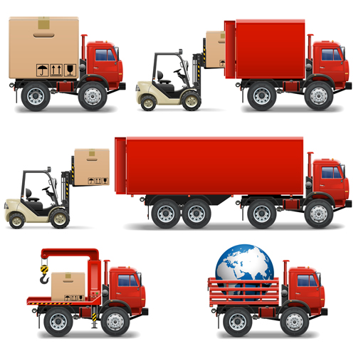 Red truck with forklift vector set  