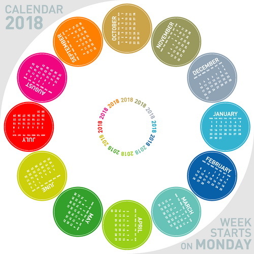 Round colored 2018 calendar vector  