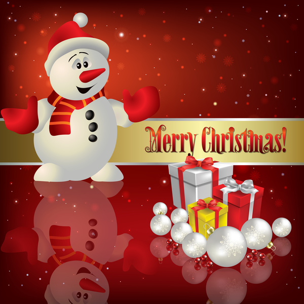 Schneemann- und Weihnachtsgeschenke mit rotem Hintergrundvektor  
