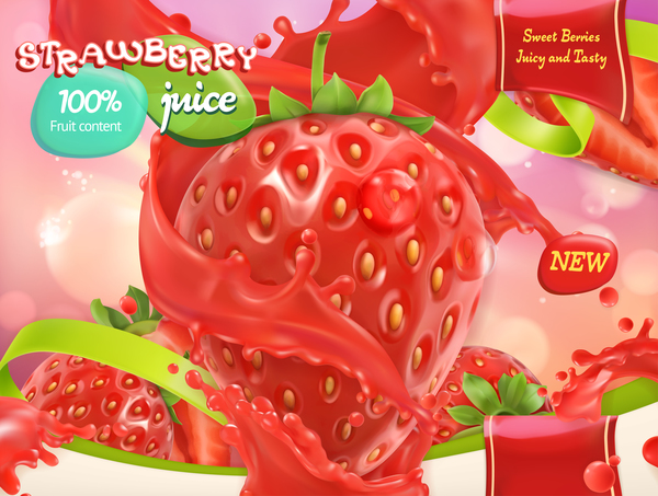 Strawberry juice poster template vector  