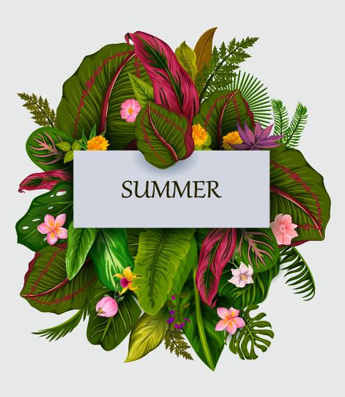 Summer background with tropical plant and flower vector 02  