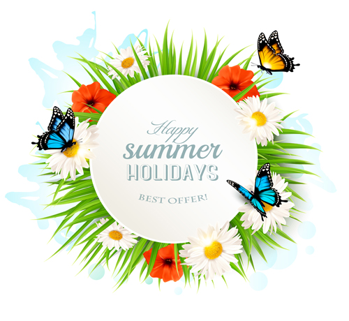 Summer holday background with green grass and butterflies vector 02  