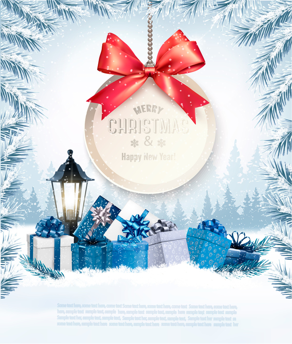 Weihnachtshintergrund mit Weihnachtsgeschenken und Geschenkkartenvektor  