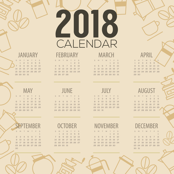 Modèle de calendrier 2018 avec des éléments de café vecteur de fond 02  