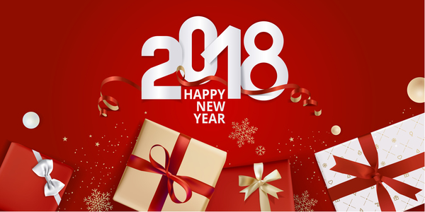 Geschenkbox 2018 des neuen Jahres mit rotem Hintergrundvektor 03  