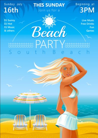 美しい女の子ベクターを持つビーチパーティーポスター02  