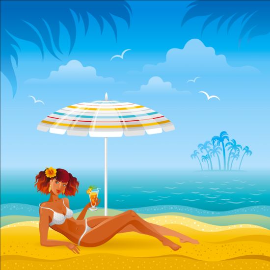 Beautiful girl with summer beach background vector 05  