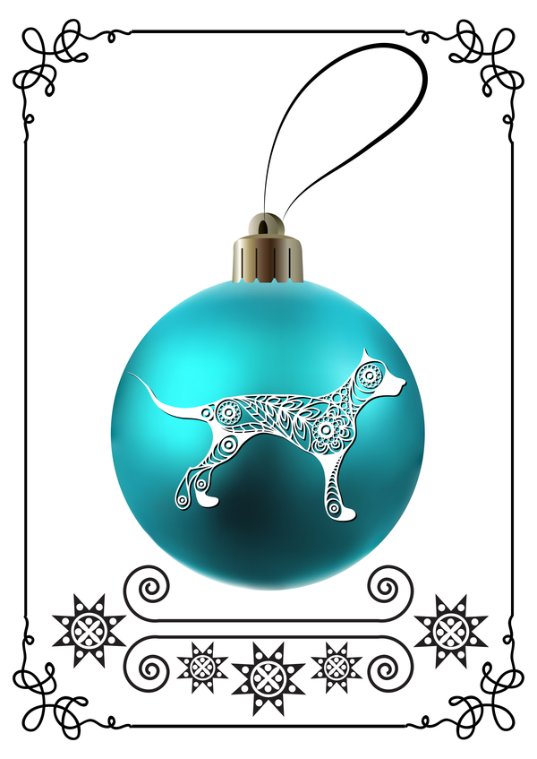 Blauer Weihnachtsball mit Hundrahmenvektor 01 des neuen Jahres  