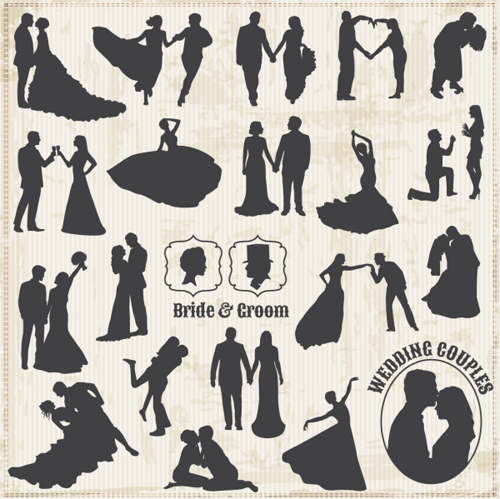 Bride with groom silhouettes vector material  