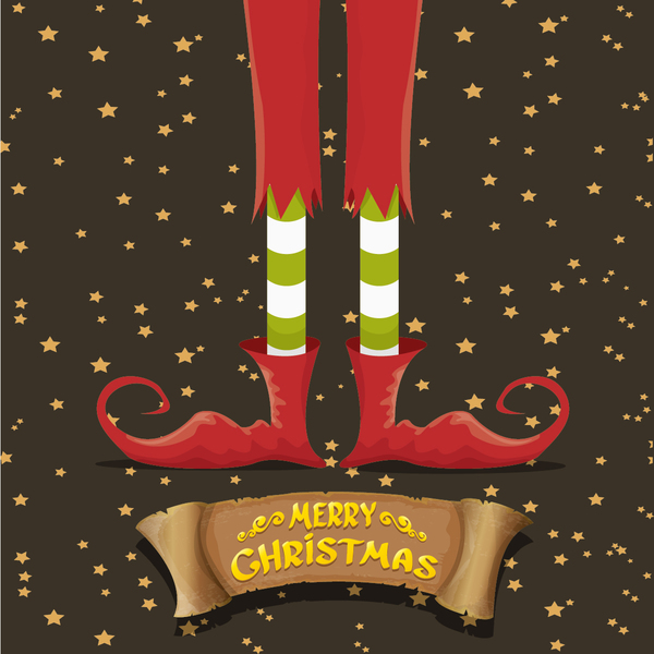 Cartoon elfs legs with retro christmas banner vector 02  