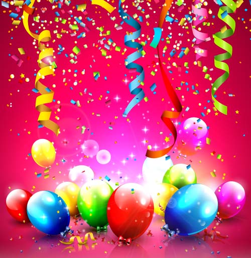 Confetti ribbon with colored balloons birthday background vector 01  