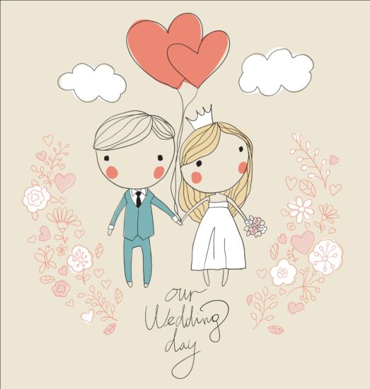 Cute wedding card hand drawn vector 04  