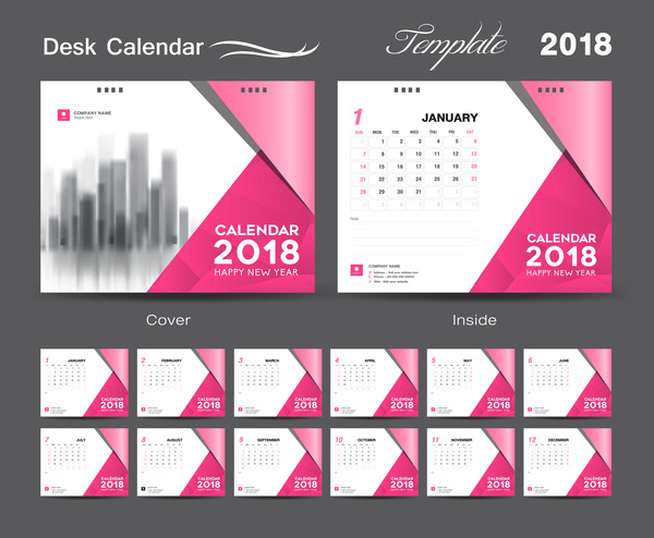 Desk Calendar 2018 template design with pink cover vector 07  
