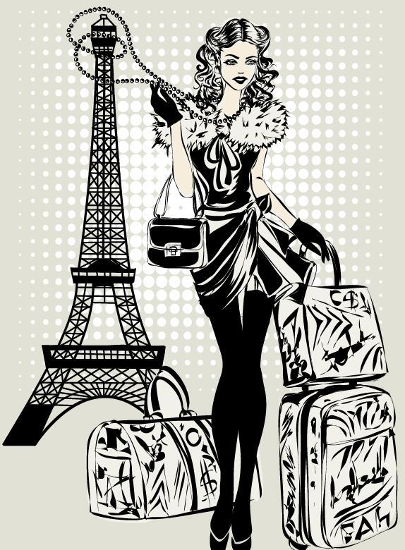 Fashion girl and eiffel tower hand drawing vector 08  