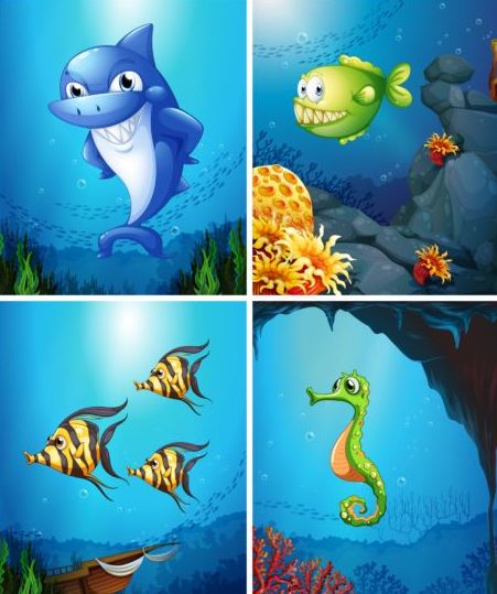 Funny marine animals cartoon vector 03  