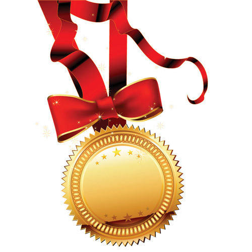 Golden medal and red ribbons vector 02  