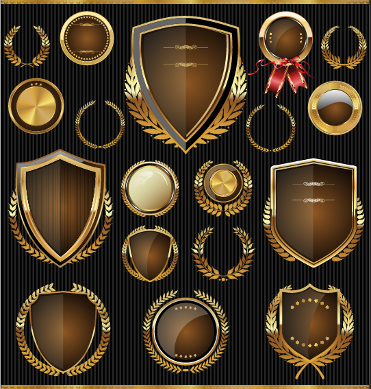 Golden shields with laurels and medals vector 04  