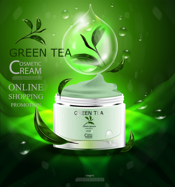 Kosmetischer Cremewerbungsplakatschablonenvektor 15 des grünen Tees  