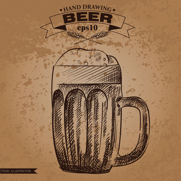 Grunge background et main dessinant des vecteurs de bière 04  