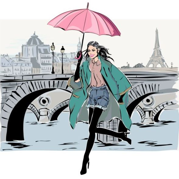 パリ旅行の背景ベクトル 01 手描き gril  