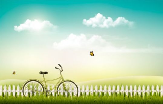 Nature summer background with green grass and bike vector 02  