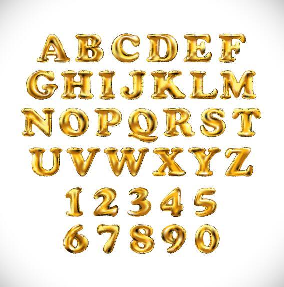 Glänzendes goldenes Alphabet und Zahlvektor  