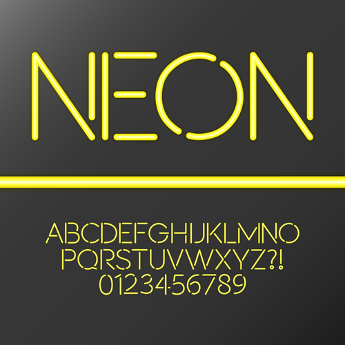 Yellow neon alphabet with number vector  