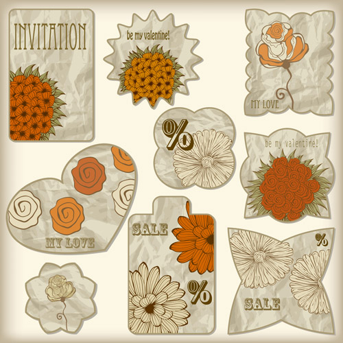 crumpled paper floral labels vector  