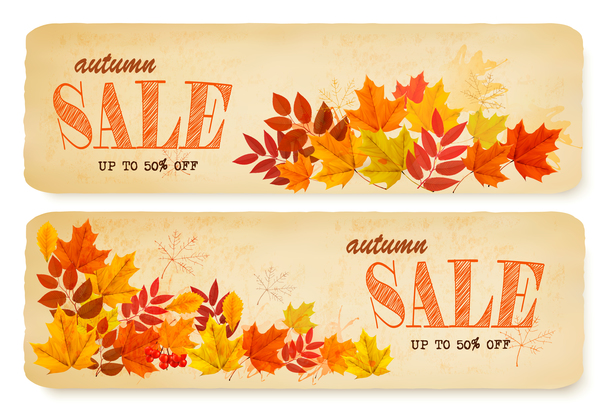 zwei Verkauf Herbst Banner mit Blättern Vektor  