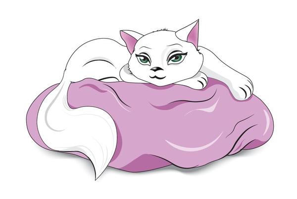 weiße Katze auf einem Kissen Vektor  
