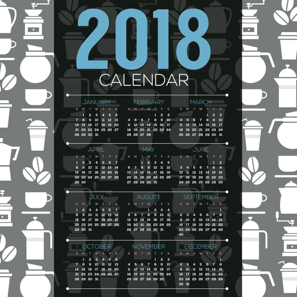 Kalenderschablone 2018 mit Kaffeeelement-Hintergrundvektor 01  