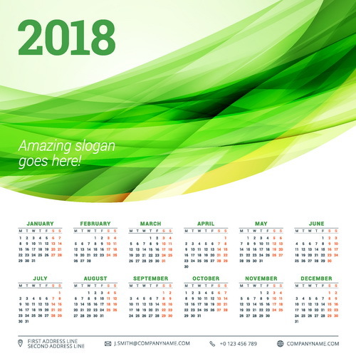Kalender 2018 mit grünem abstraktem Hintergrundvektor  