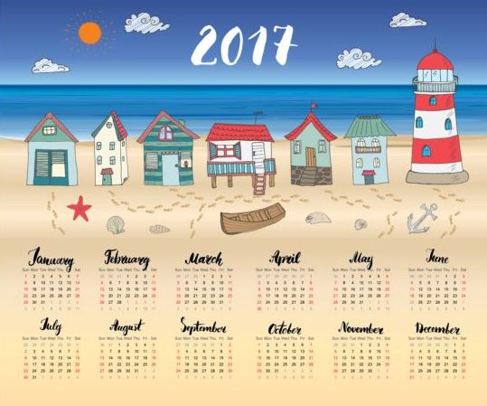 Calendars 2017 with beach house vector 01  