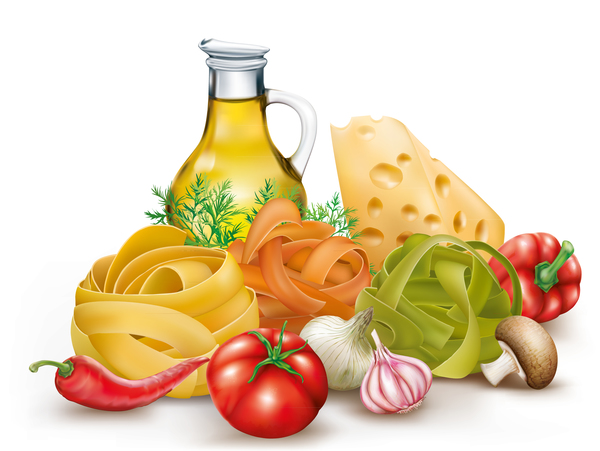 Cheese with noodles and vegetables vector  
