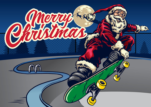 Weihnachtsgrußkarte mit Weihnachtsmann-Fahrskateboardvektor 05  
