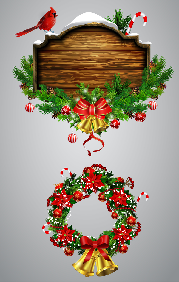木製のラベルベクトル材料01とクリスマスの花輪  