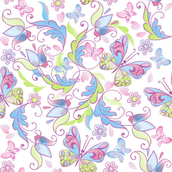 Joli modèle sans couture florale avec vecteur de papillons rose et bleu  